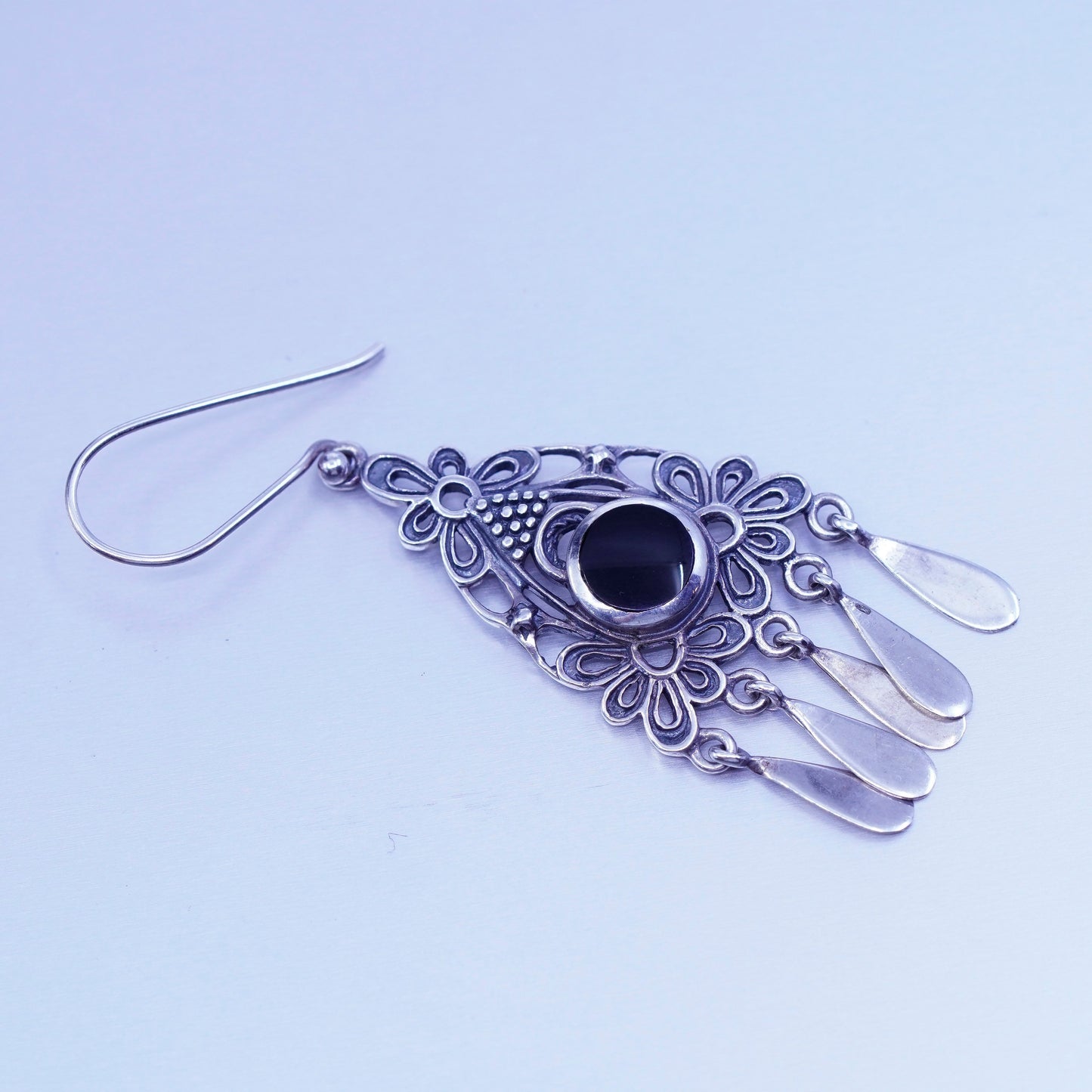 Vintage Sterling 925 silver filigree earrings with obsidian and teardrop fringe