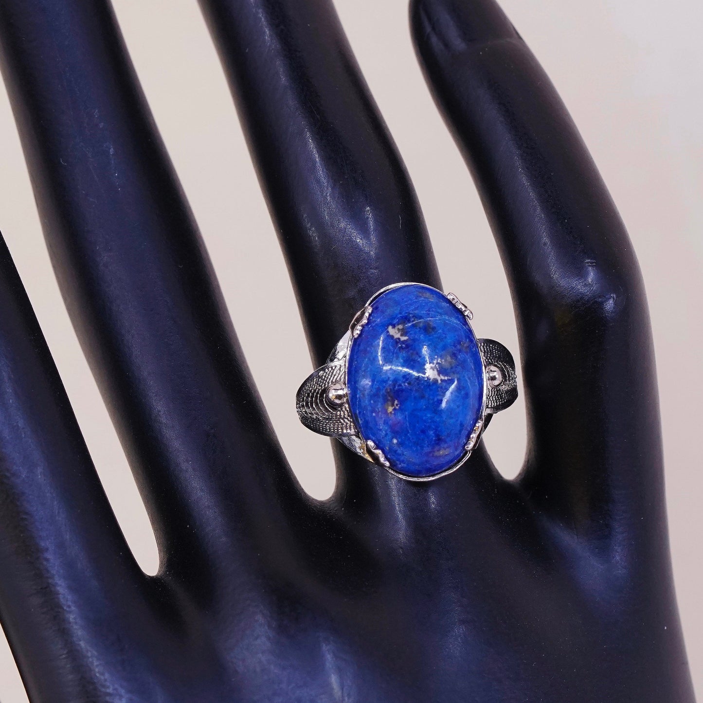 sz 6, vtg sterling silver handmade ring 925 statement ring w/ oval Lapis lazuli