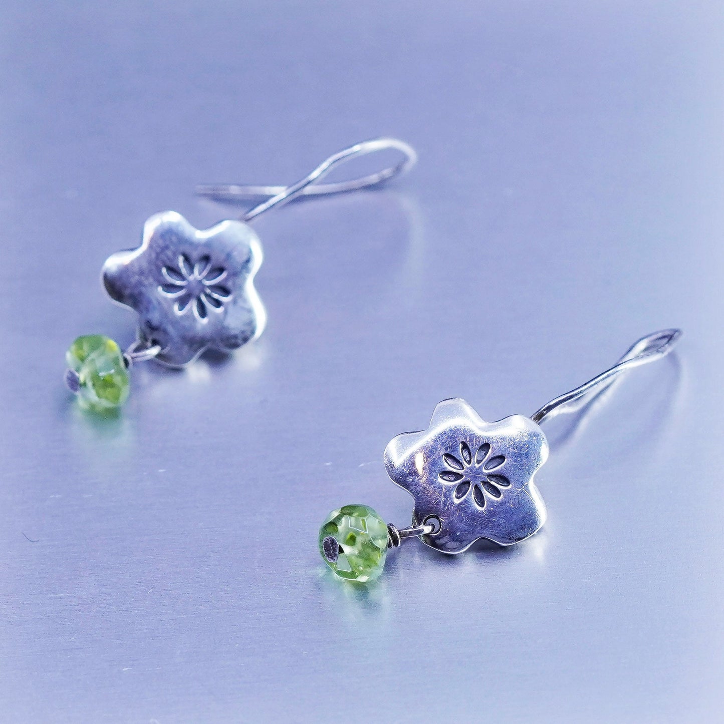 Vintage Sterling 925 silver handmade flower earrings with peridot