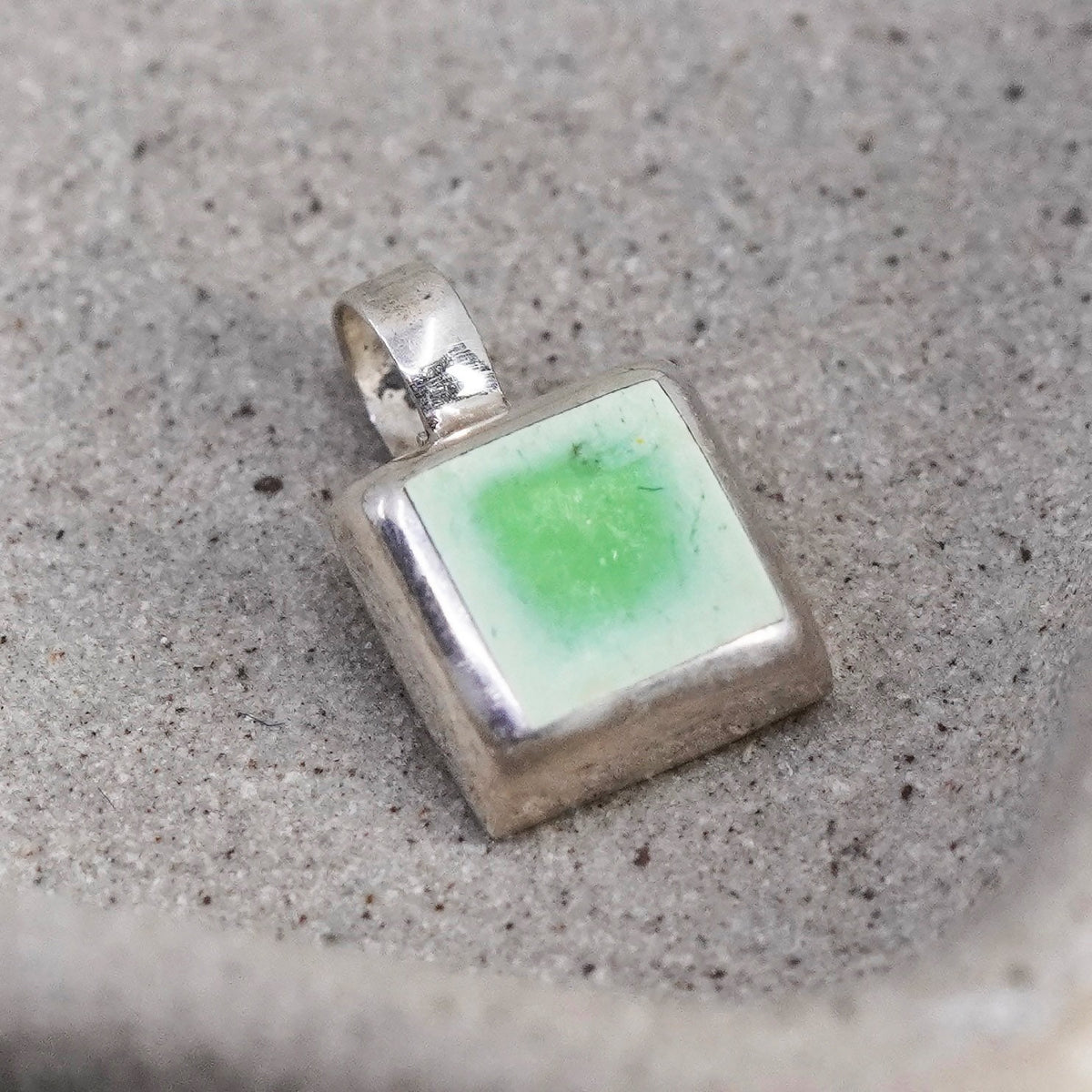 vintage handmade sterling silver pendant, 925 square with green onyx