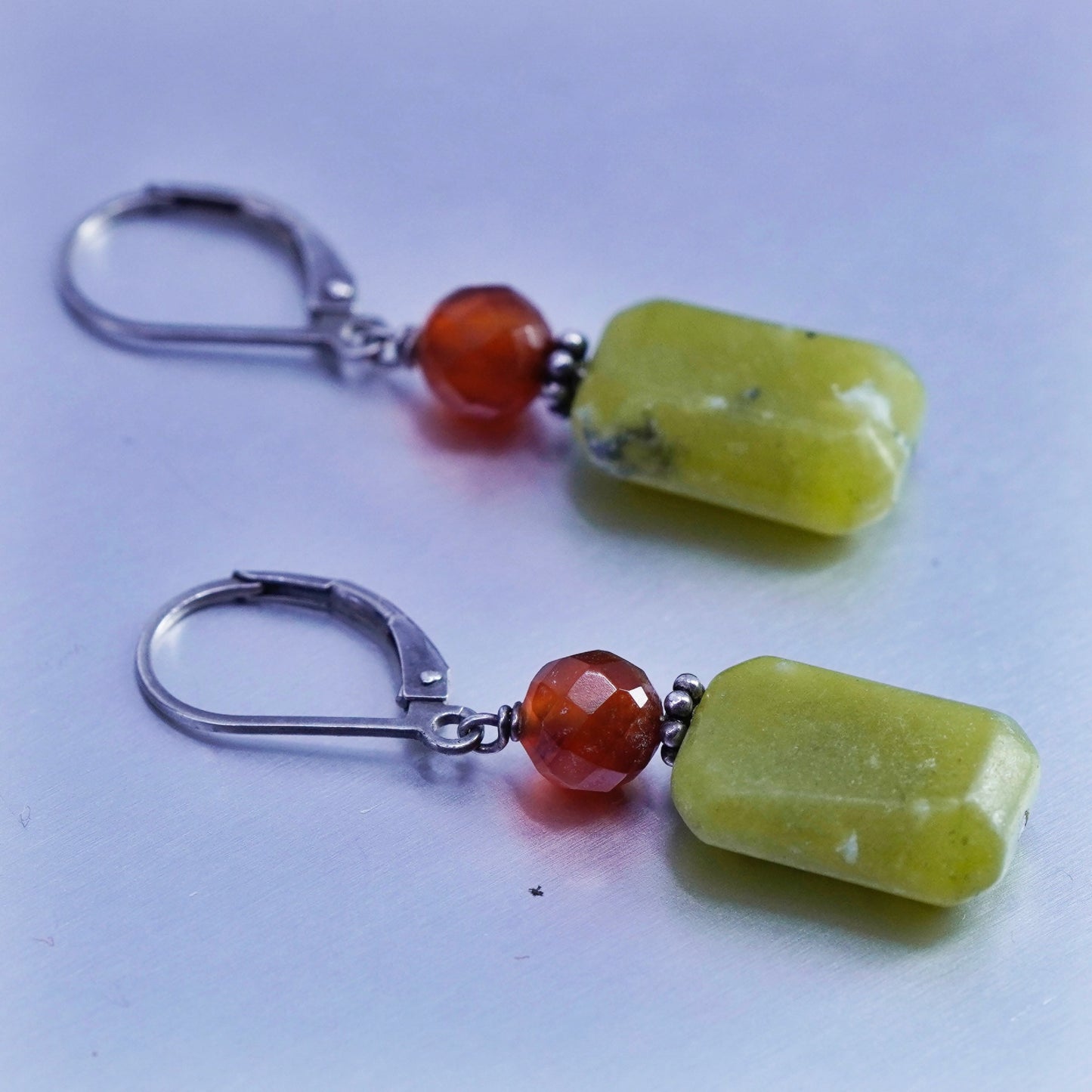 Vintage Sterling 925 silver handmade earrings with jade and carnelian beads