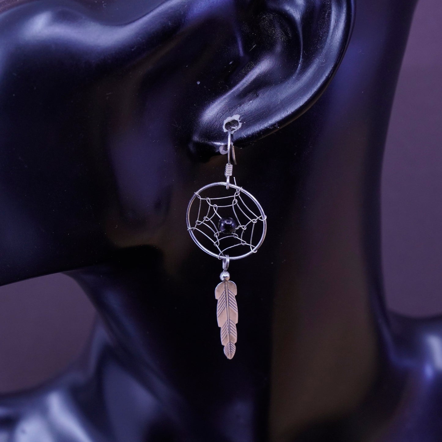 Native American Shawn Cayatineto Sterling 925 silver earrings w/ feather drops