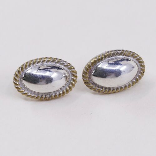 0.5”, Two Tone 925 Sterling Silver Handmade Oval Earrings, Mexico 925 Studs