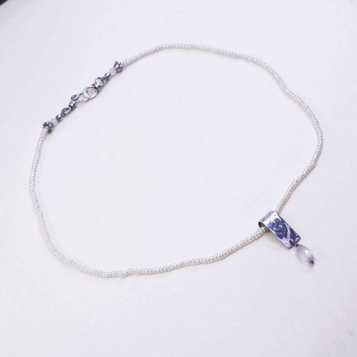 16”, Vintage genuine pearl beads necklace chain w/ sterling 925 silver pendant