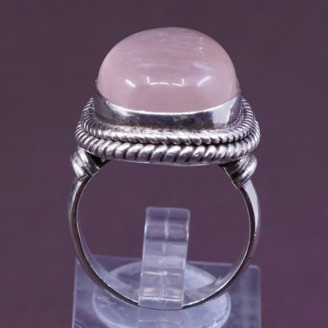 sz 8.5, vtg Sterling silver handmade ring, 925 w/ pink Quartz N cable