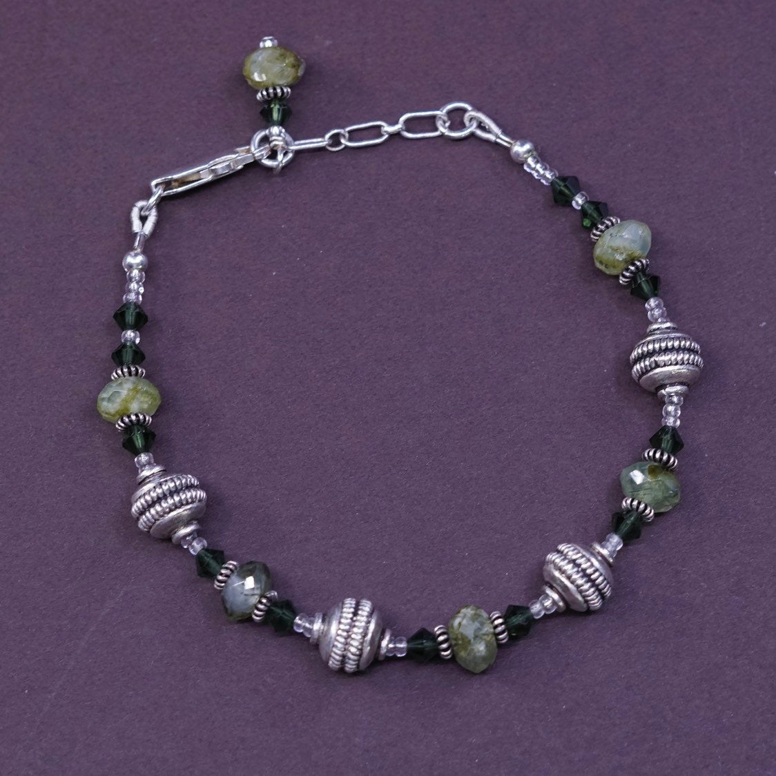 7"+1”, vtg Sterling silver handmade chain, jade beads bracelet