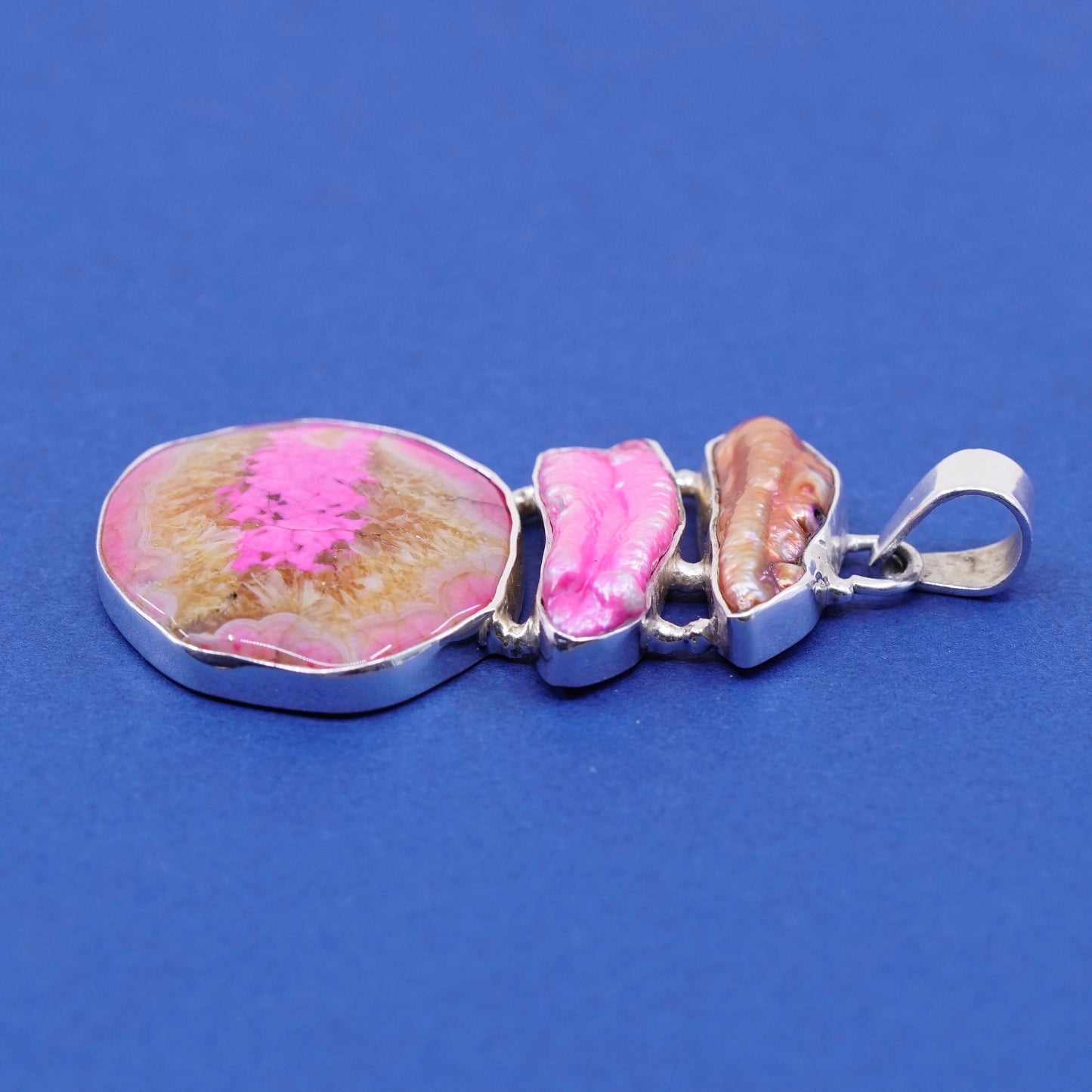 vtg sterling 925 silver handmade pendant with pink lace agate N pearl