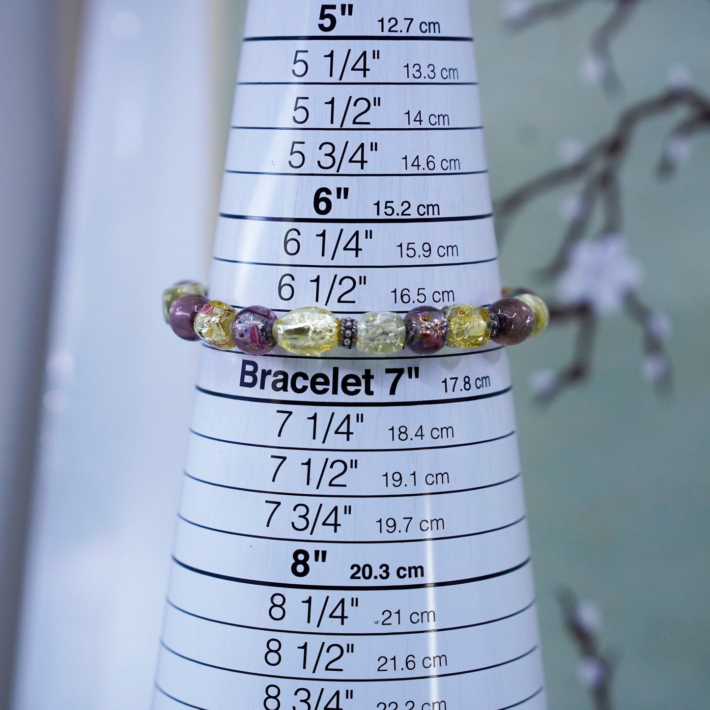 6.75”, vtg 925 Sterling silver bracelet with artisan yellow foiled glass beads