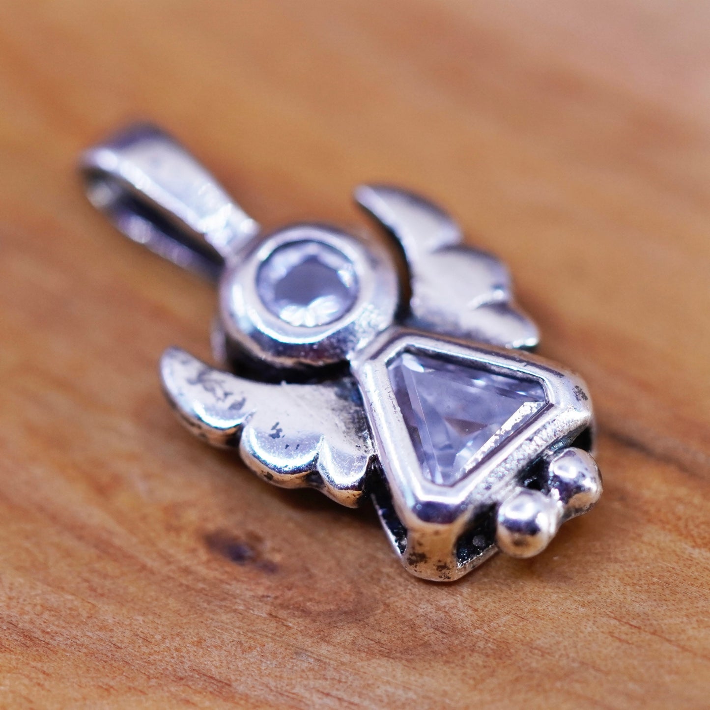 Vintage Sterling silver handmade pendant, 925 angel charm with cz
