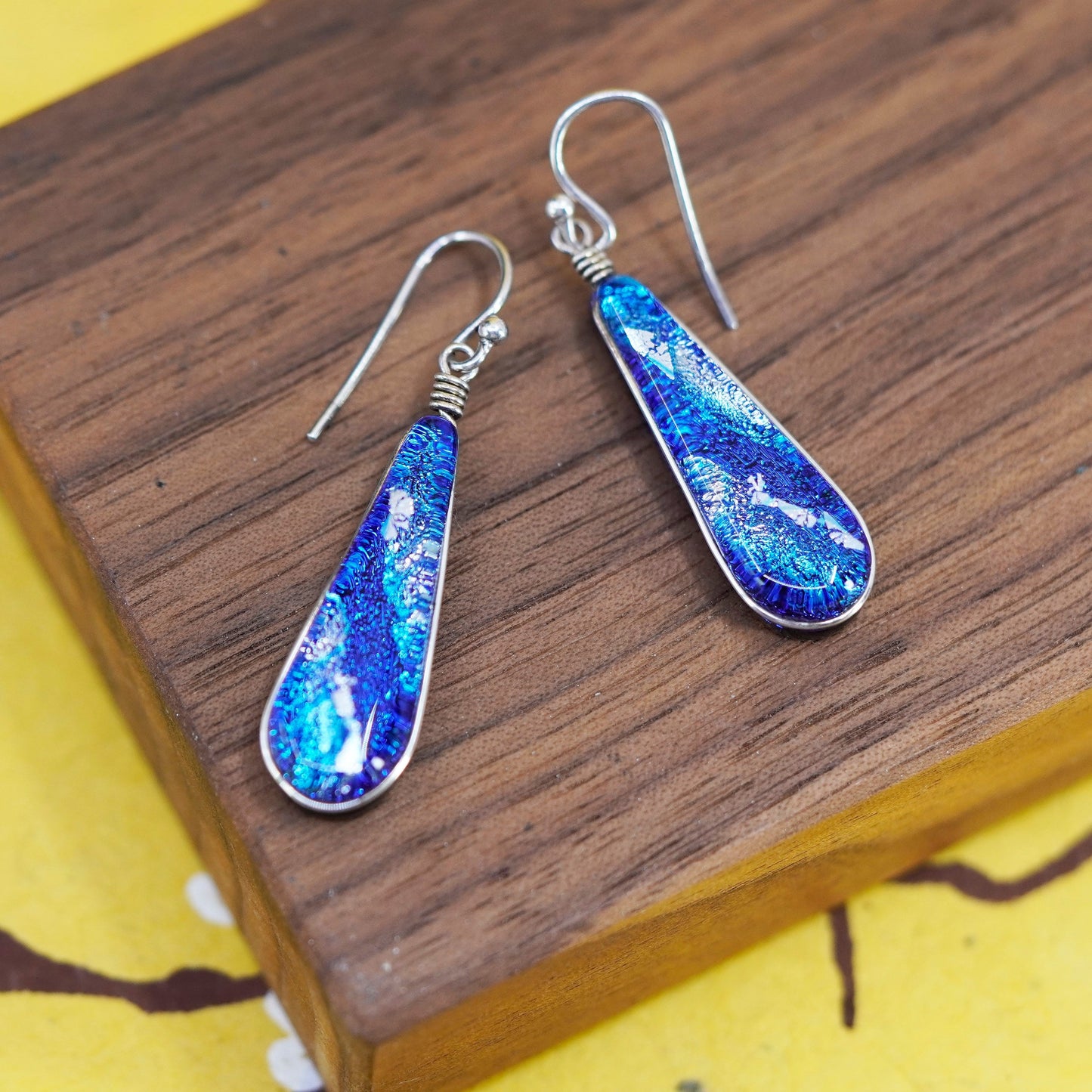 Vintage Sterling silver handmade earrings, 925 blue teardrop foiled glass