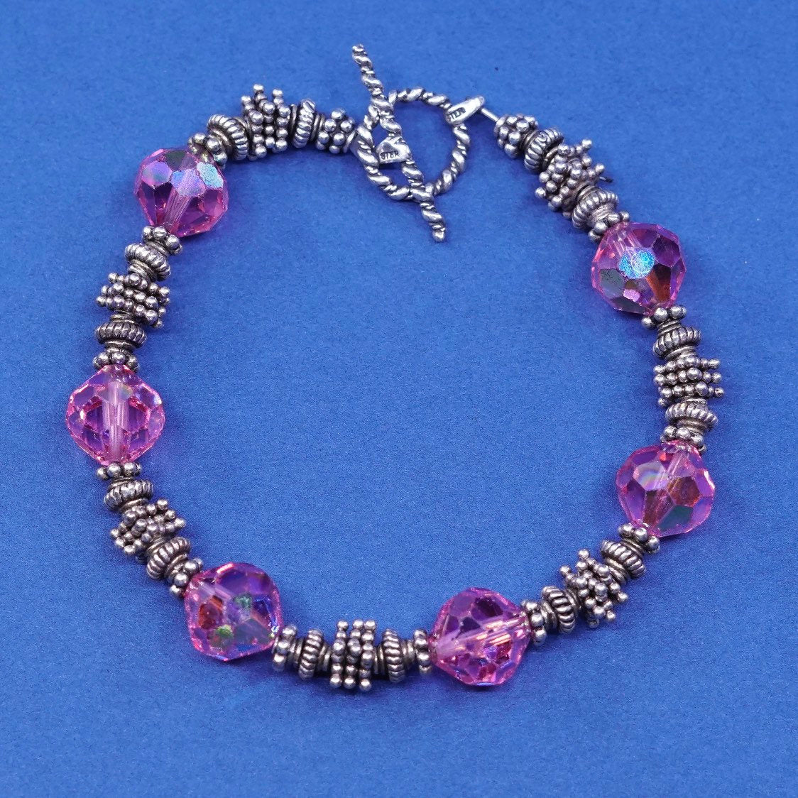 6.5”, vtg sterling silver handmade bracelet, 925 w/ pink crystal beads N toggle