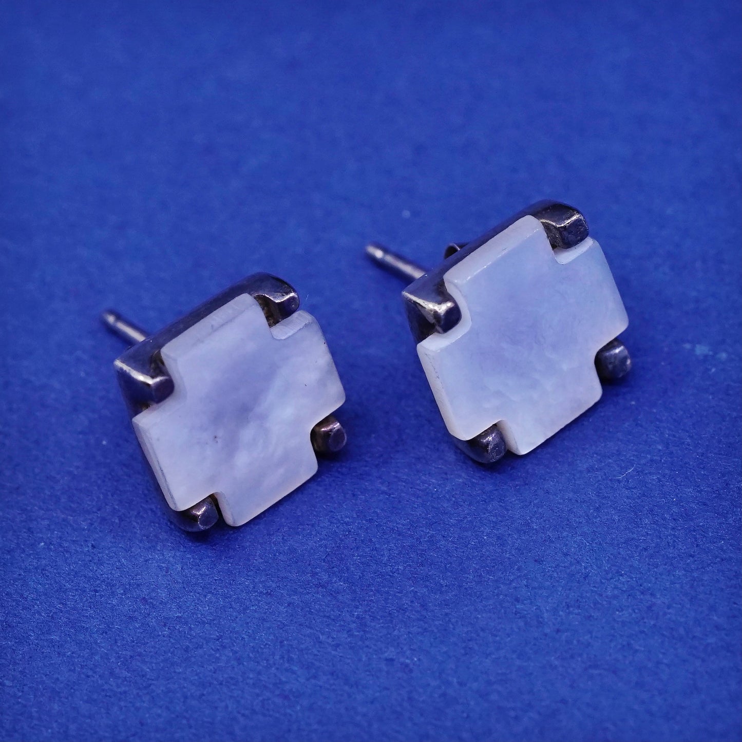 Vintage sterling silver handmade earrings, 925 cross studs with mother of pearl