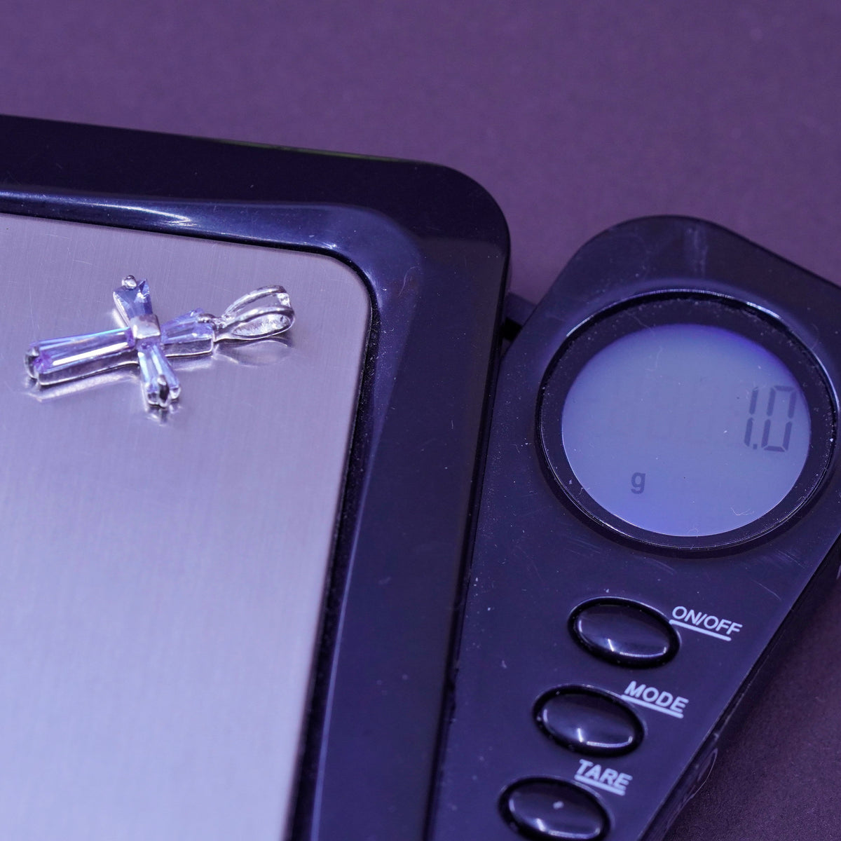 Vintage Sterling silver handmade pendant, 925 cross with Violet Cz inlay