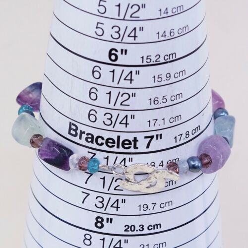 7.25”, Vtg Mexico Sterling 925 Silver Handmade Fluorite Nugget Bead Bracelet