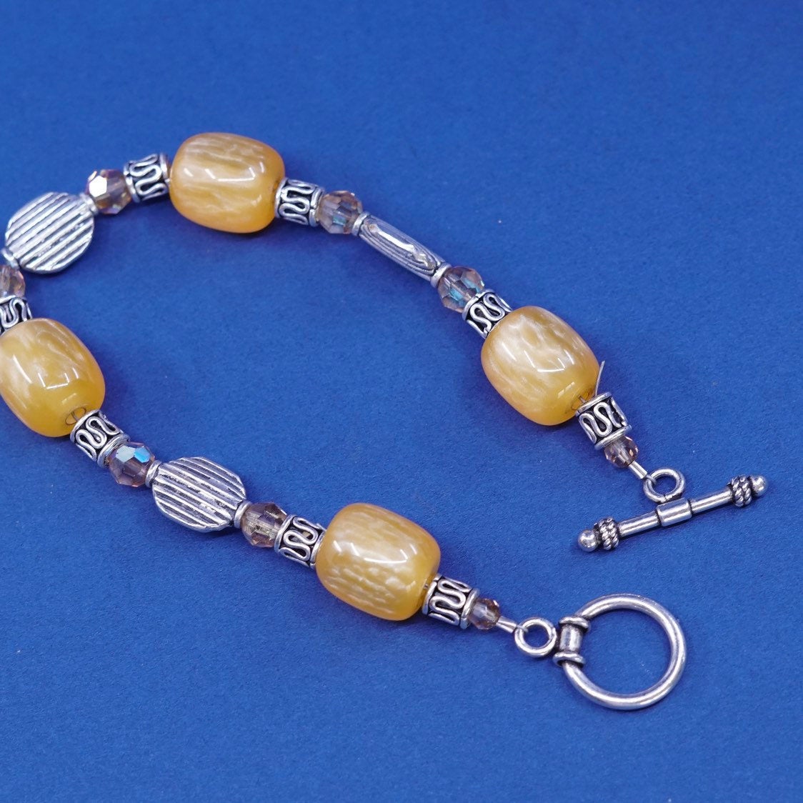 7”, vtg sterling silver handmade bracelet, 925 beads N yellow beads w/ toggle