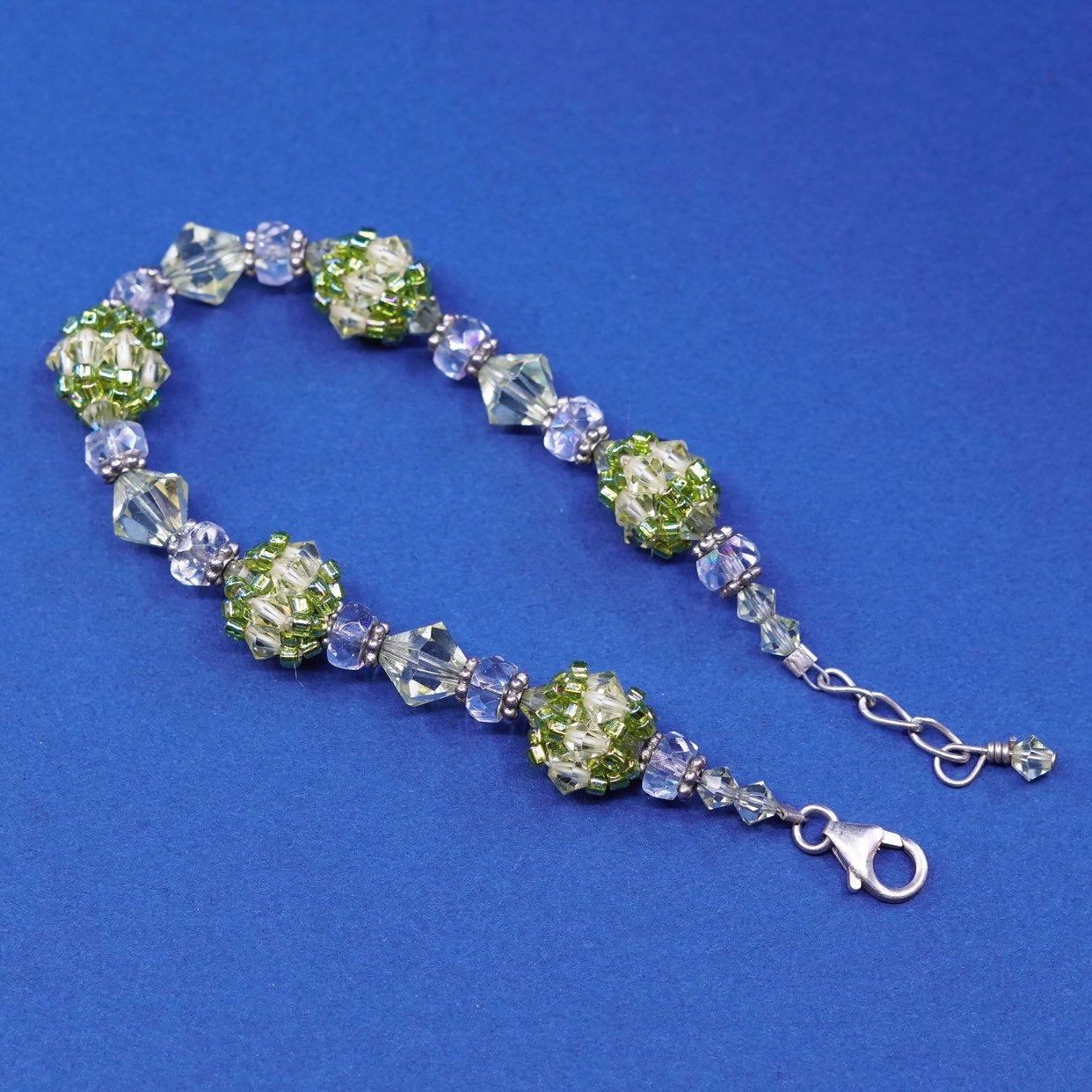 7”, vtg sterling silver handmade bracelet, 925 w/ green crystal beads