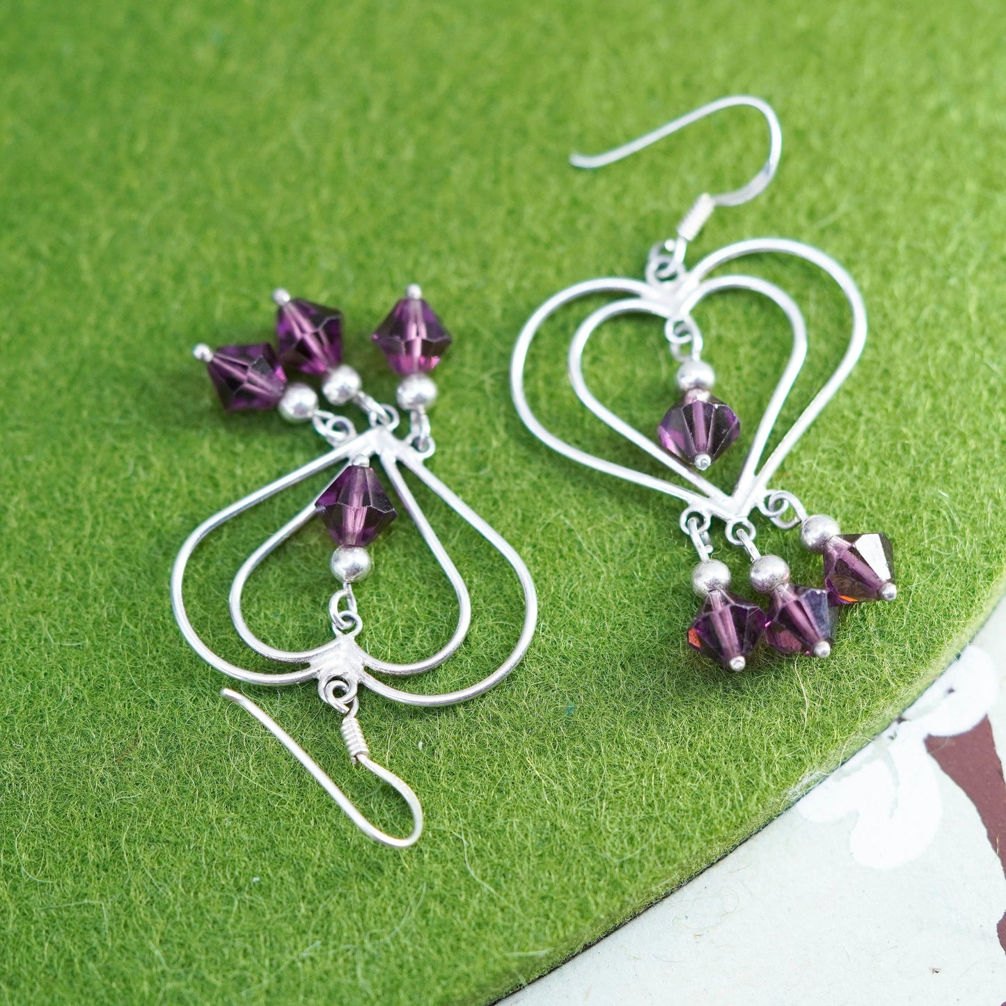 Vintage sterling silver handmade earrings, 925 heart with purple crystal