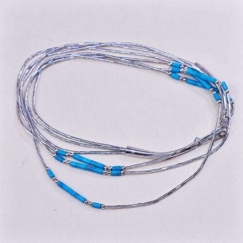 16”, Vtg Sterling silver handmade necklace, 925 Liquid Silver W/ Turquoise Beads