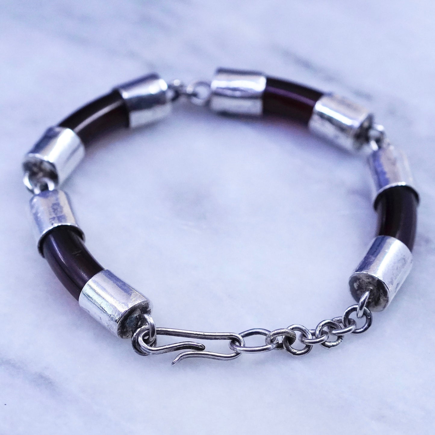 8”, vintage Sterling silver handmade bracelet, 925 bar with amber tube
