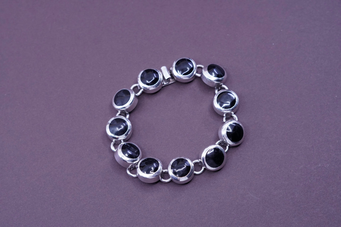 7.25”, vtg Sterling silver handmade bracelet, Mexico 925 with round obsidian
