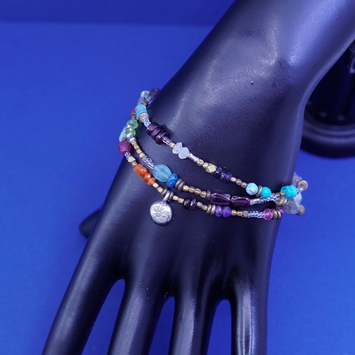 8”, sterling silver chain bracelet, Native American navajo turquoise jade coral