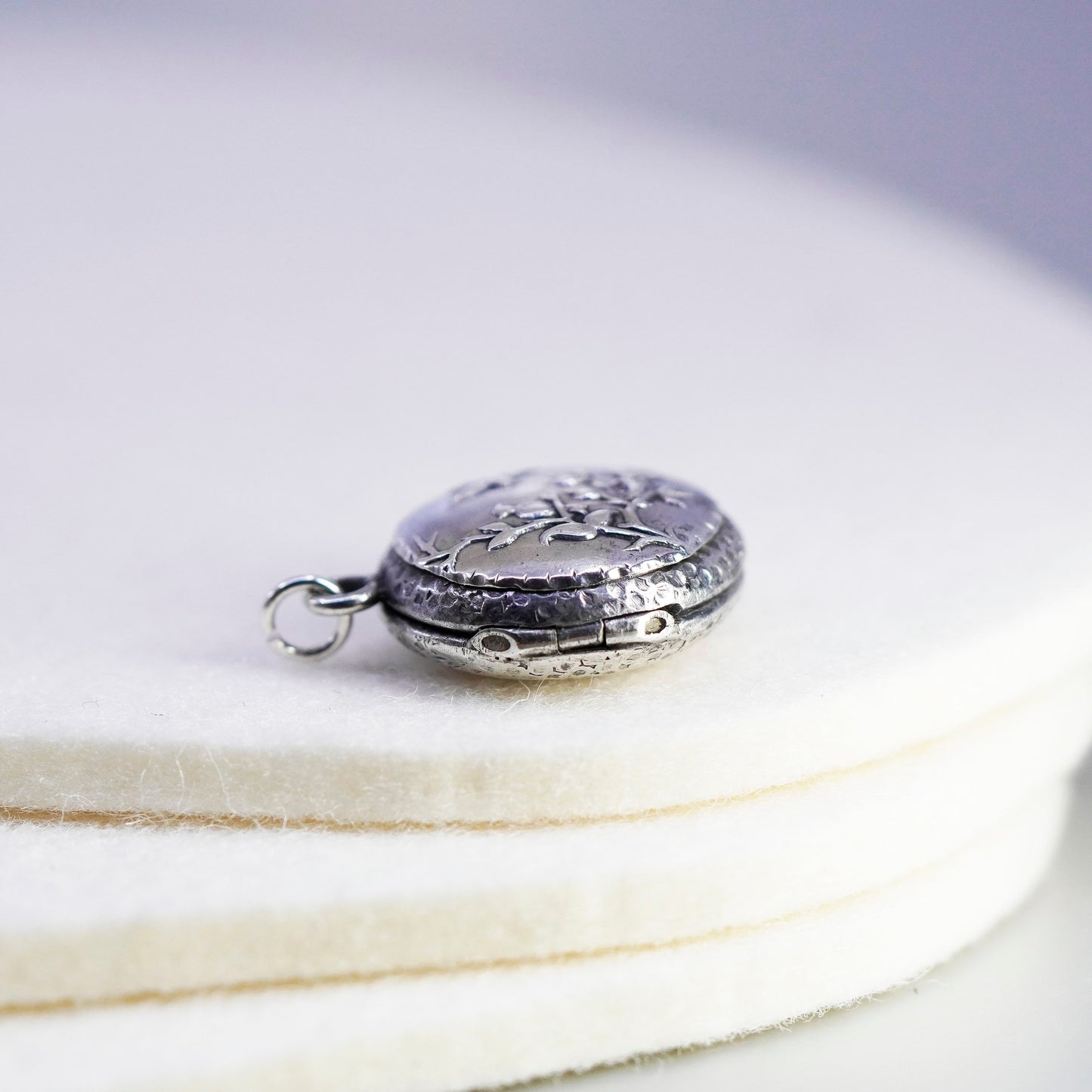 Antique Sterling silver charm, 925 circle photos locket with bird floral relief