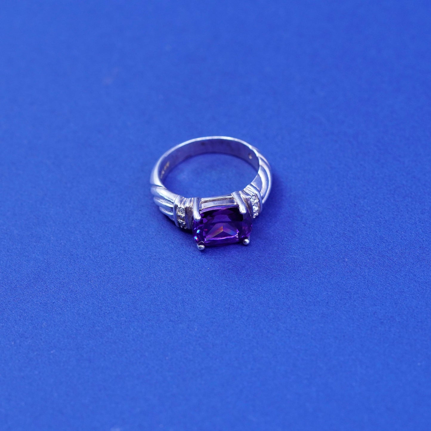 Size 6, vintage Sterling 925 silver engagement ring with amethyst and Cz