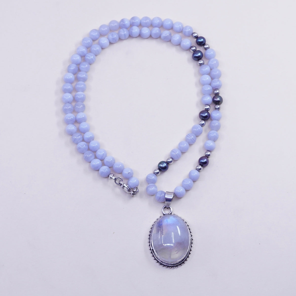 21”, sterling 925 silver necklace lace agate pearl bead chain moonstone pendant