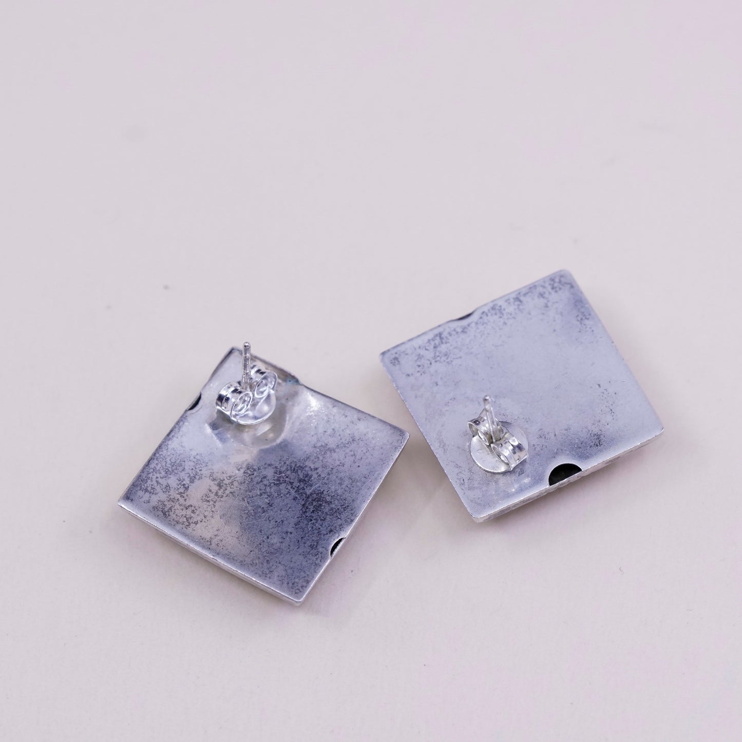 Vintage Sterling silver handmade earrings, Modern 925 stud with square obsidian