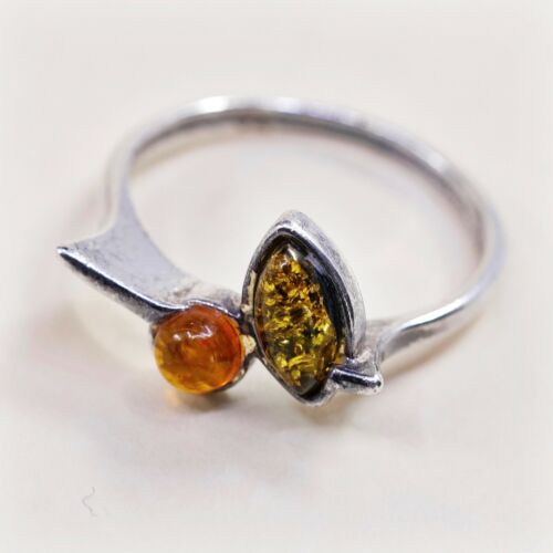 Sz 7.25, Orangle Amber Cabochon Sterling Silver Solitaire Ring, Stamped 925
