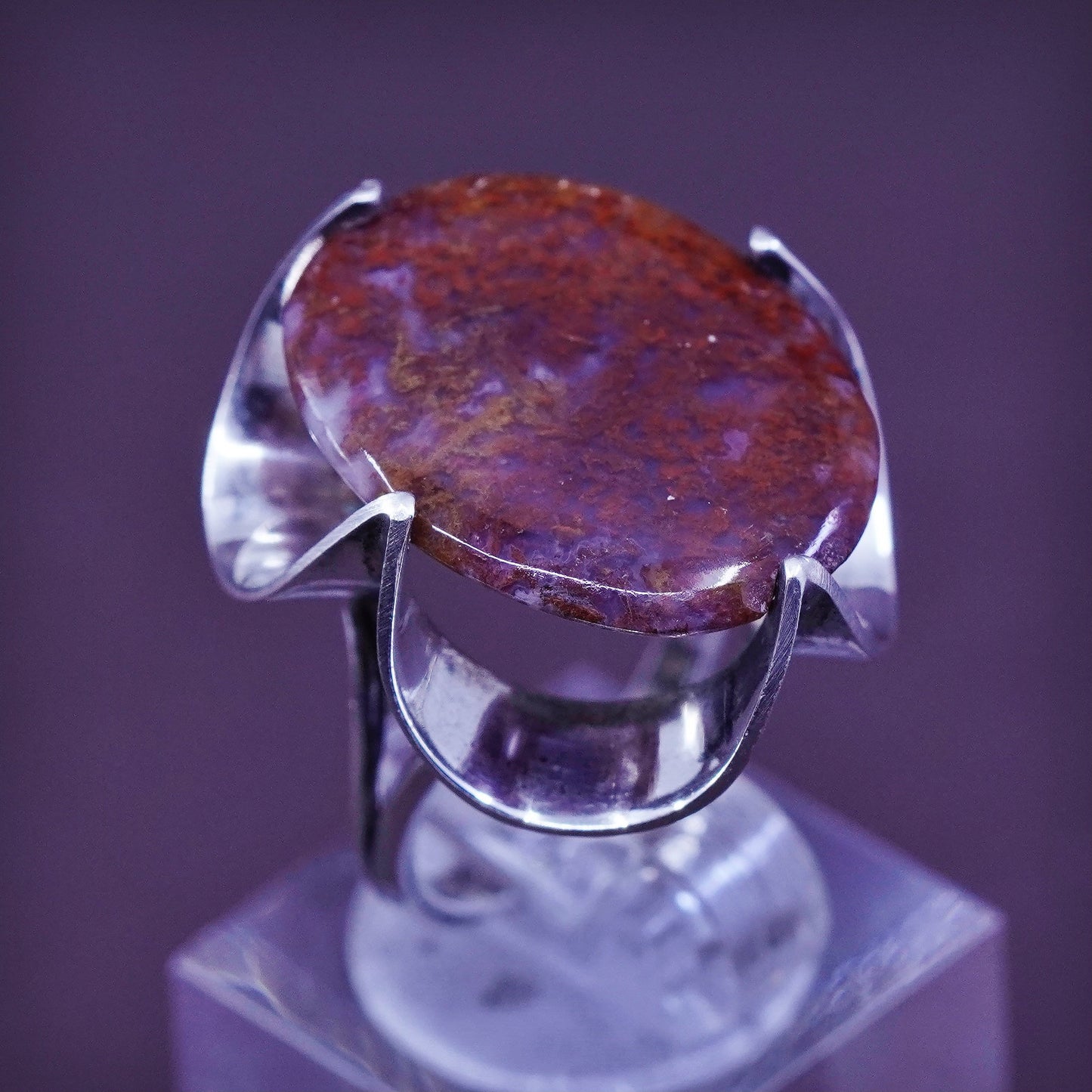 Size 3.5, Sterling 925 silver handmade flower crown ring with dendritic agate