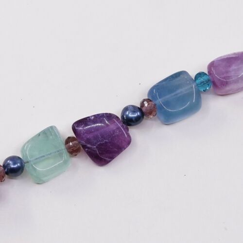 7.25”, Vtg Mexico Sterling 925 Silver Handmade Fluorite Nugget Bead Bracelet