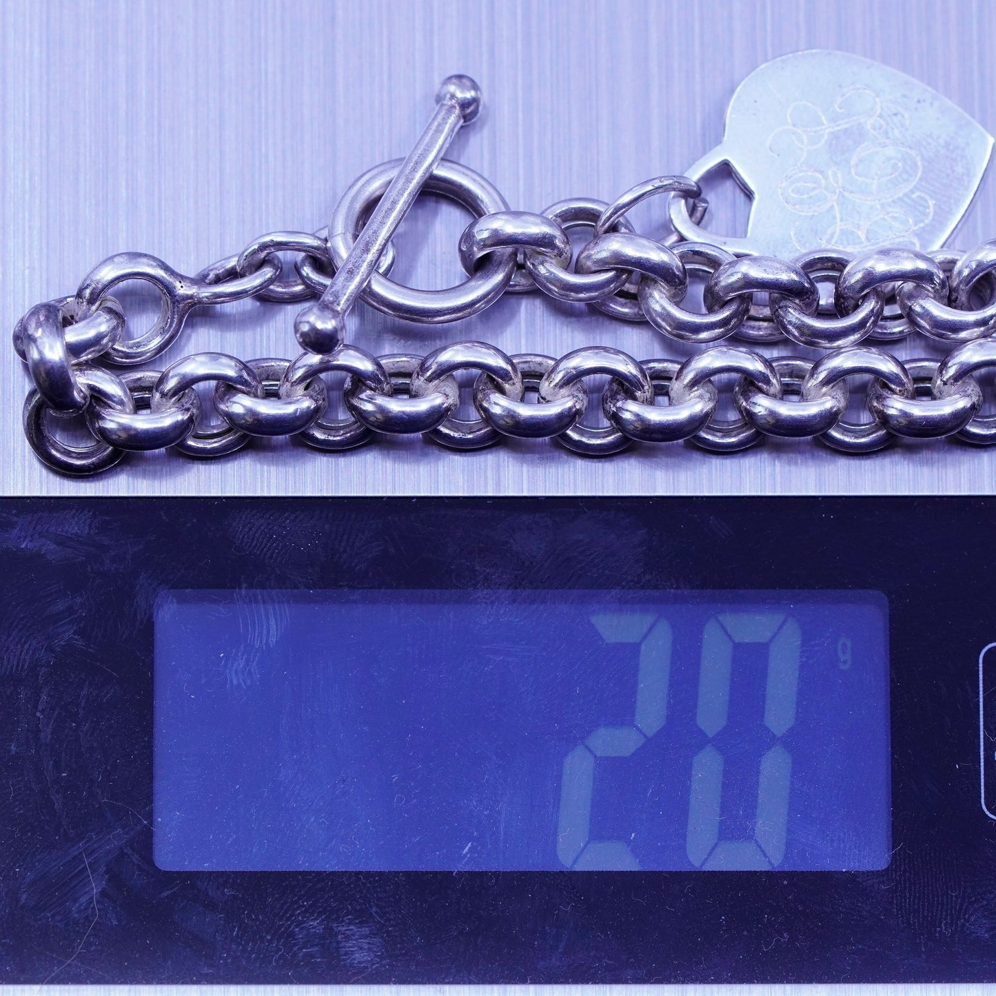 6.5”, Sterling silver bracelet 925 bold circle chain monogram “BEL” heart charm