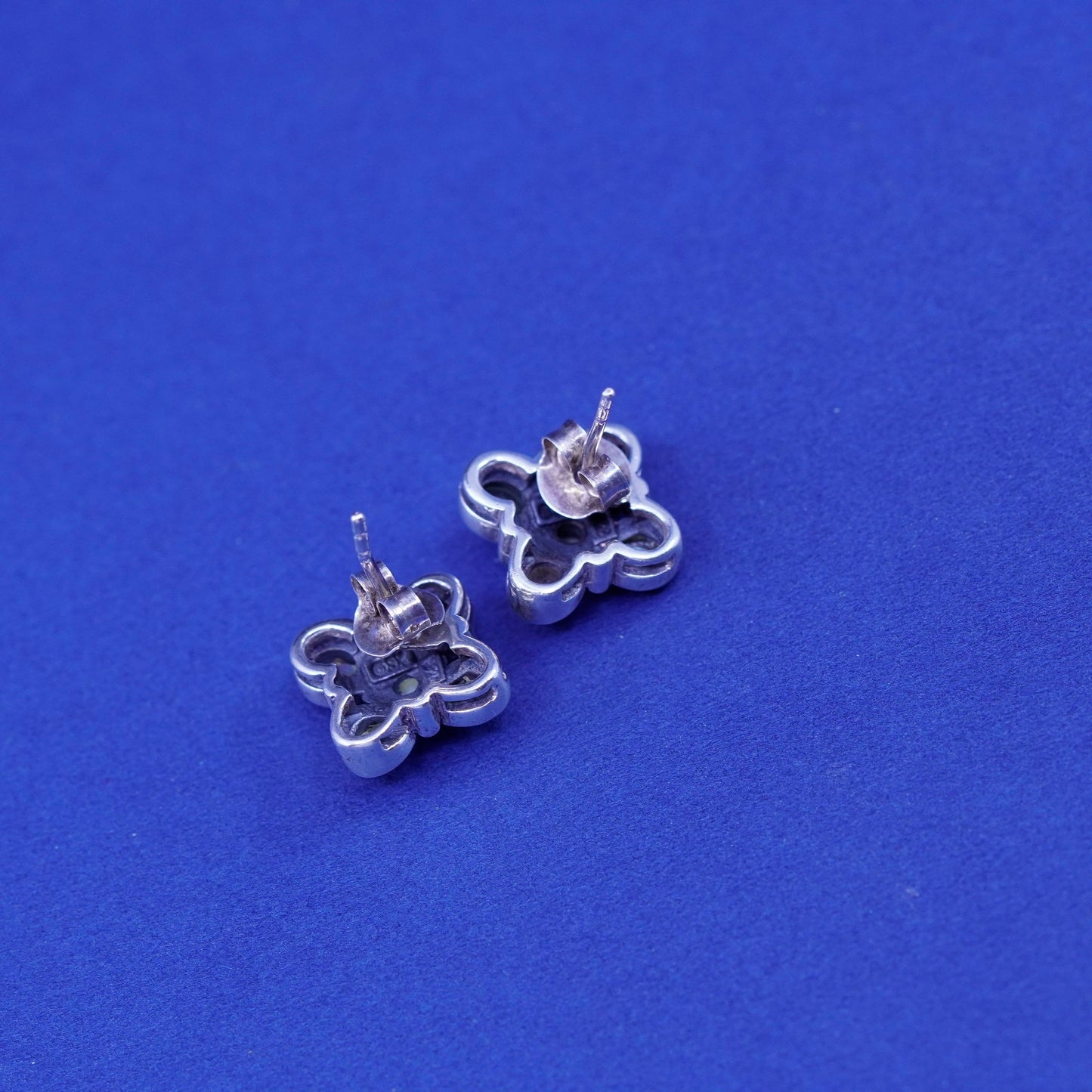 Vintage sterling silver handmade earrings, 925 floral studs with abalone