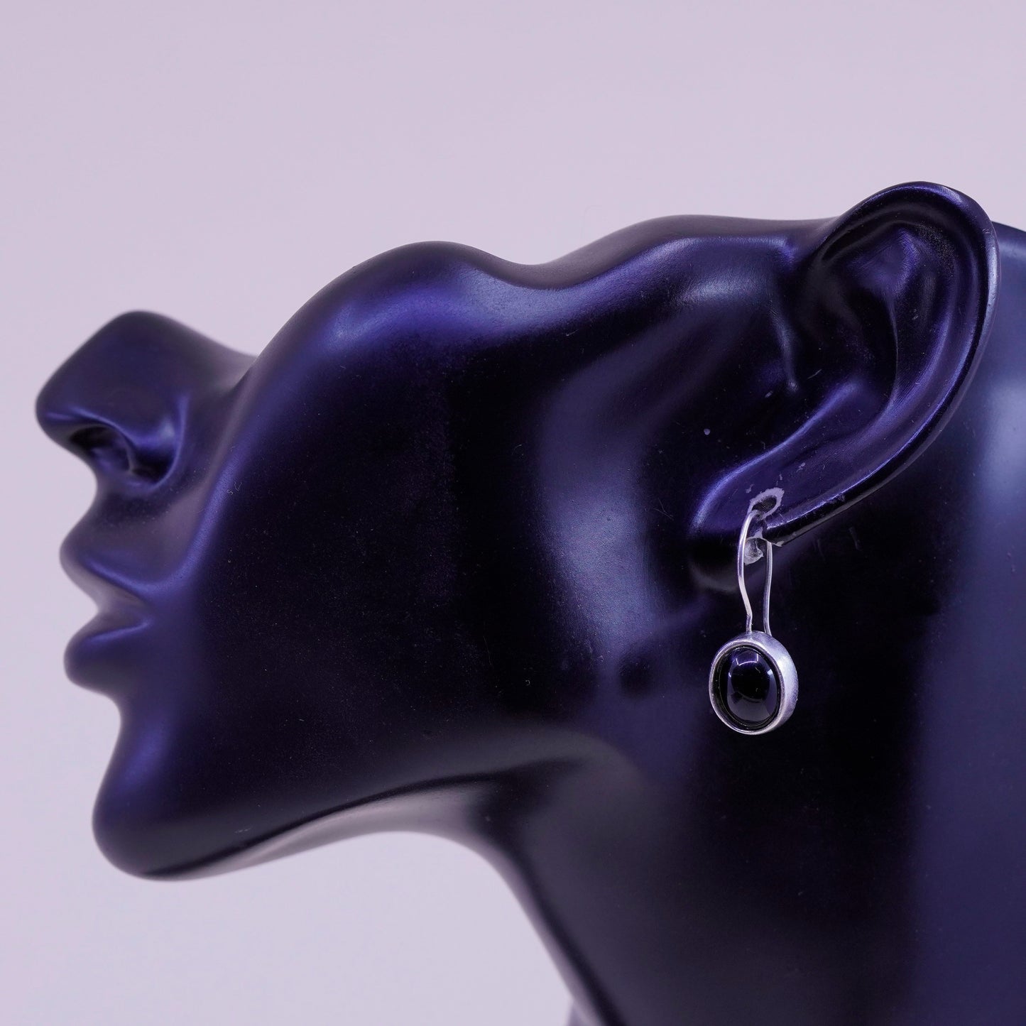 Vintage Sterling 925 silver handmade earrings with oval obsidian drops, elegant