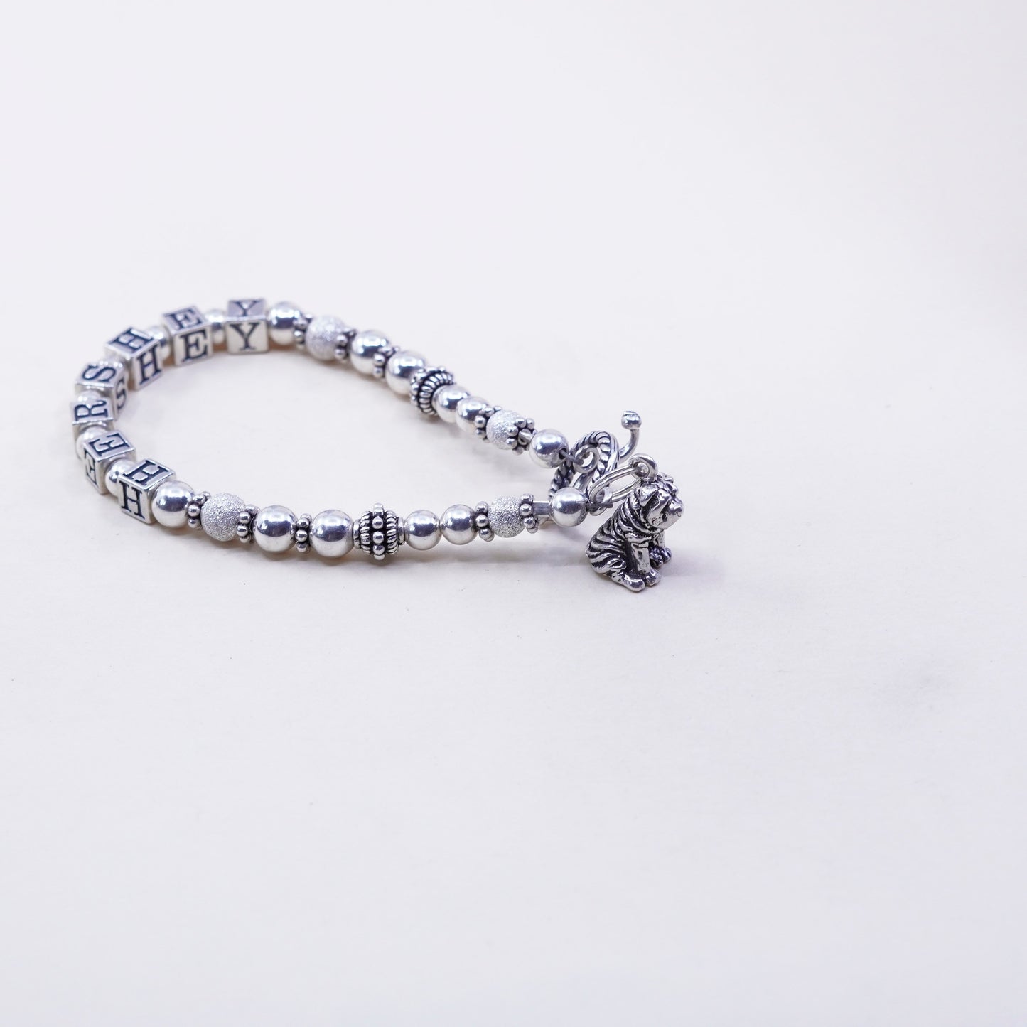 6.75”, Sterling 925 Silver filigree beads bracelet w/ “Hershey” dog sharpie