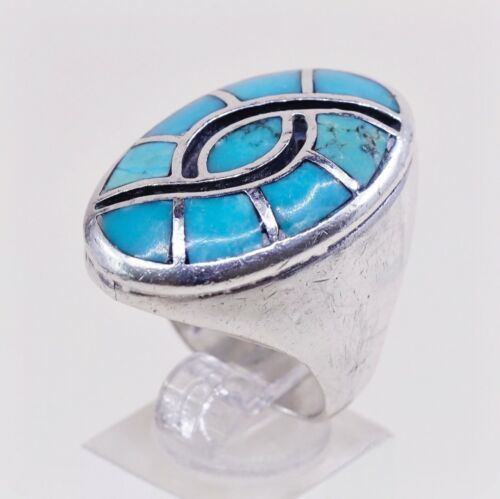 Sz 10 Navajo Zuni Native American Sterling 925 Silver Turquoise Mountain Ring
