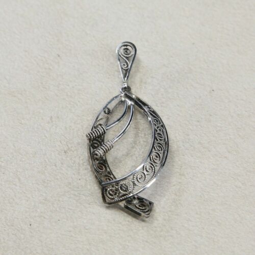 Vtg Handmade Sterling Silver .925 Bali Marquis Filigree Style Pendant