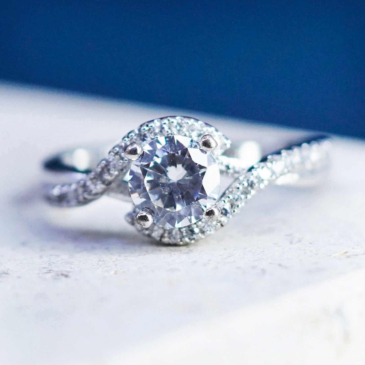 Size 6, vintage Sterling 925 silver engagement ring with cluster Cz around