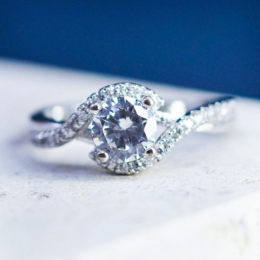 Size 6, vintage Sterling 925 silver engagement ring with cluster Cz around