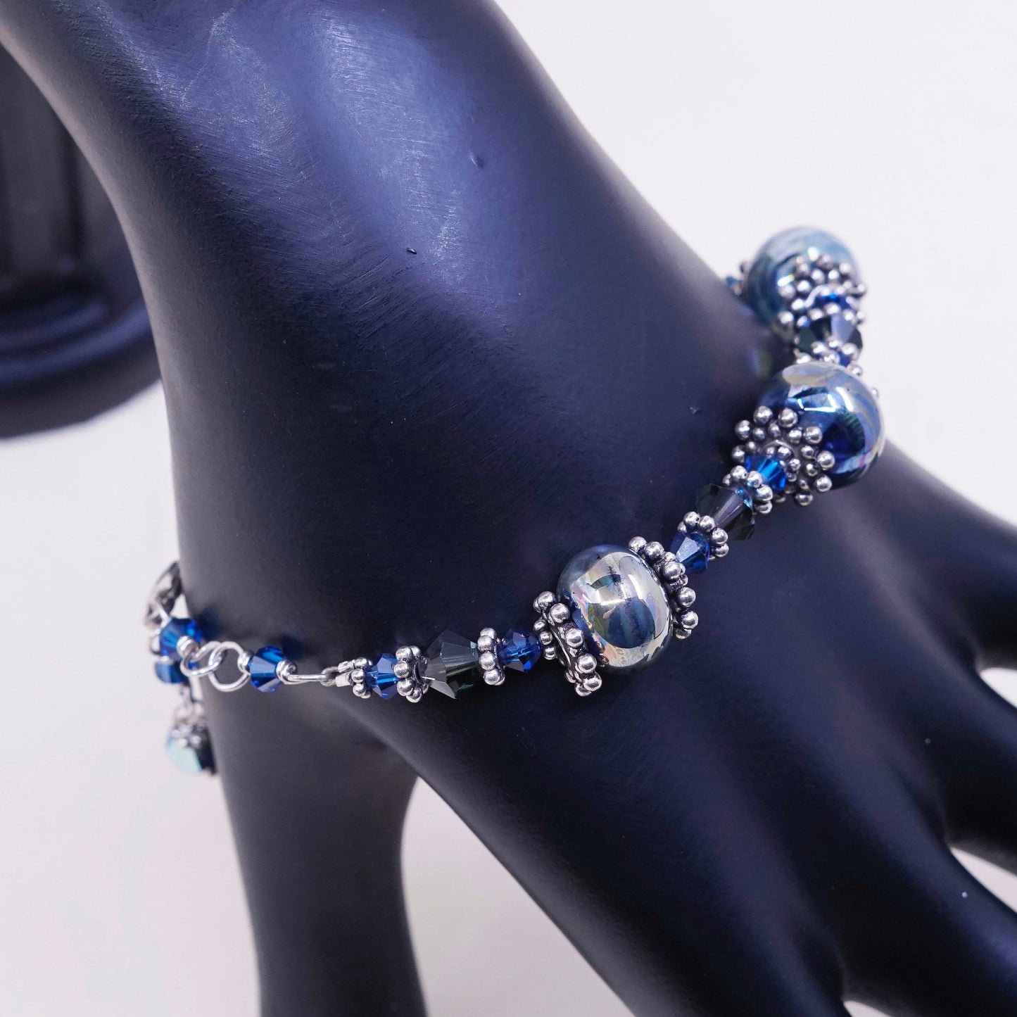 6.5+1”, vtg Sterling silver handmade bracelet, 925 beads w/ blue crystal beads