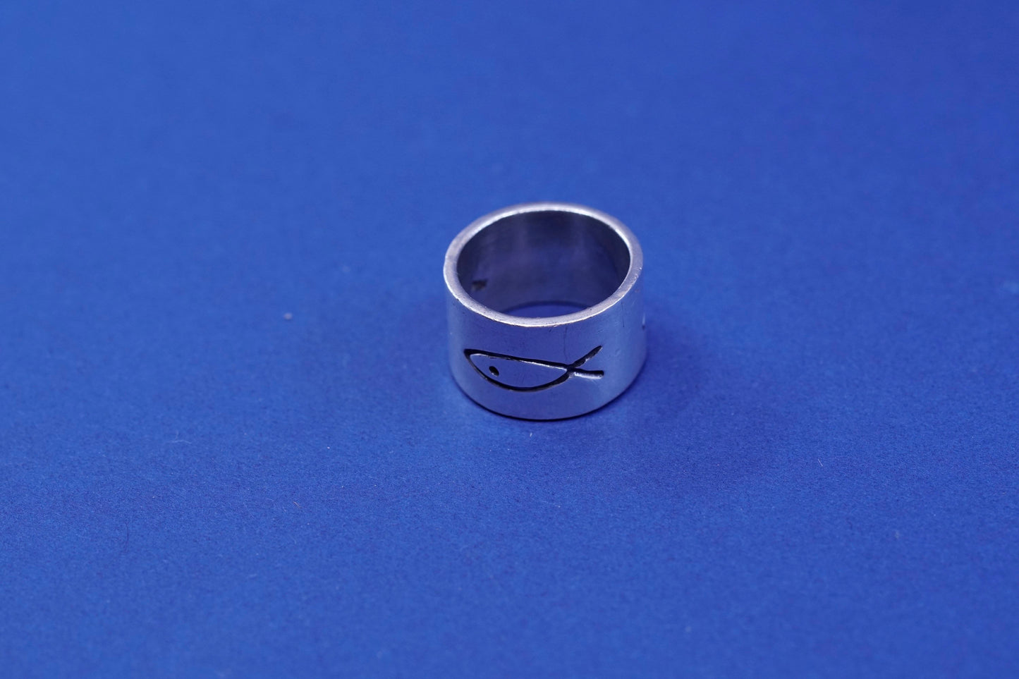 Size 5.5, vintage Sterling silver handmade ring, wide 925 prayer band with fish
