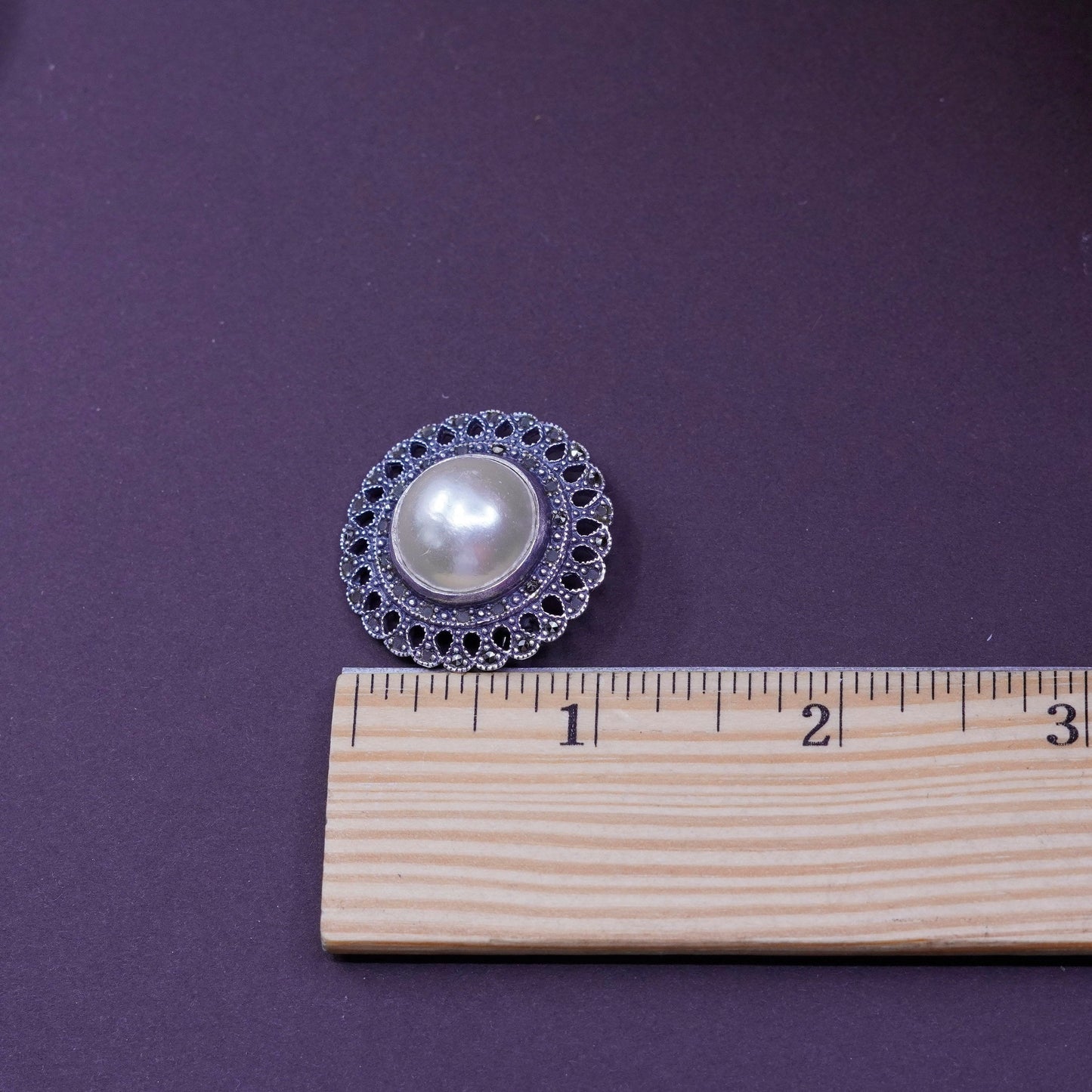 Boma handmade sterling silver brooch, 925 round pin with faux pearl marcasite