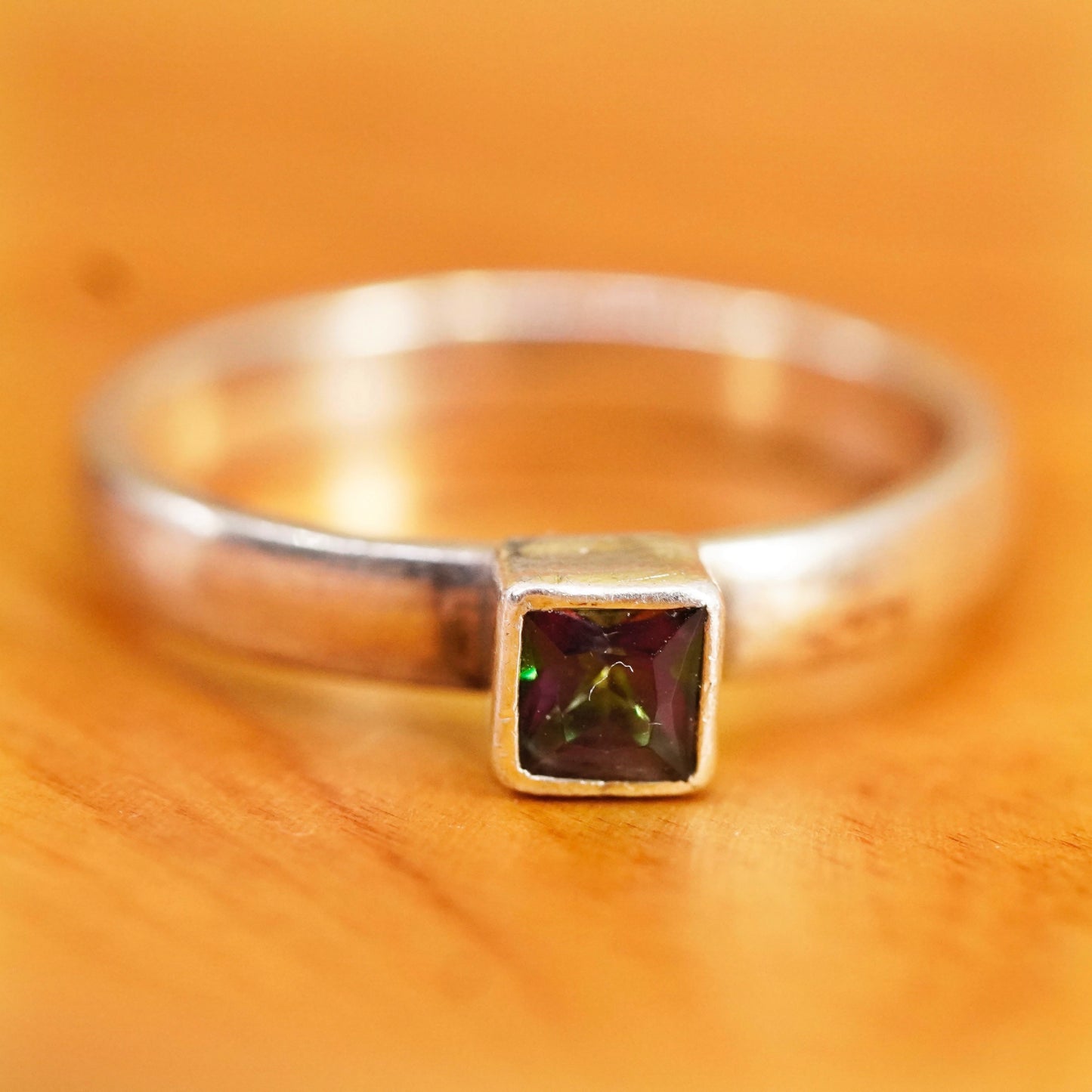 Size 7.5, vintage Sterling 925 silver engagement ring with rainbow topaz
