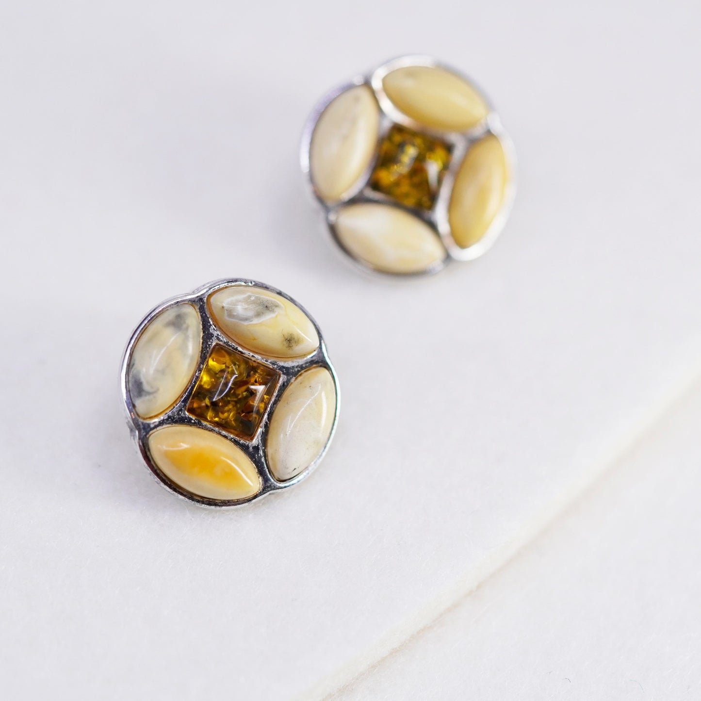 Vintage Sterling 925 silver handmade earrings, studs with Amber inlay