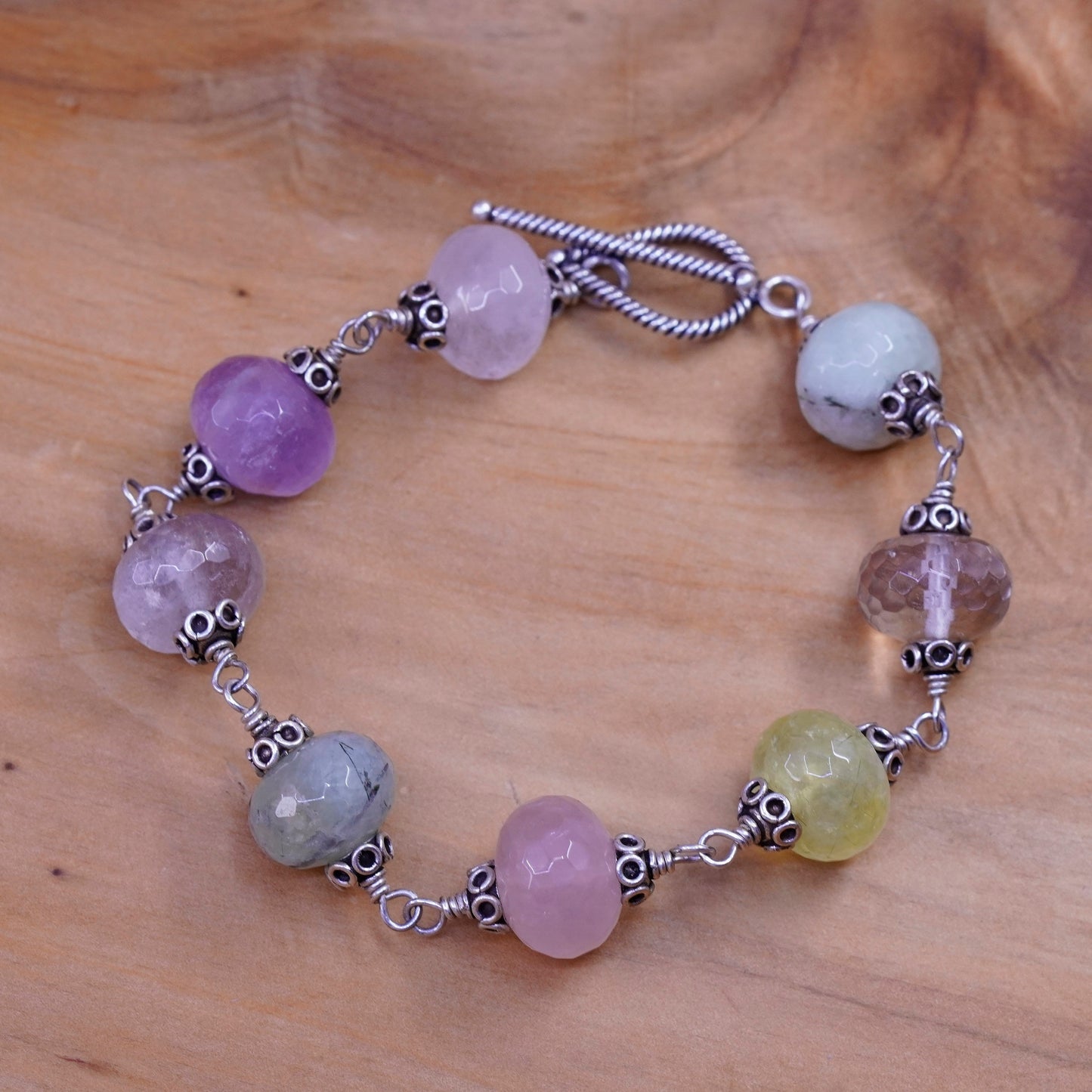 7”, sterling 925 silver carved bracelet prehnite amethyst quartz citrine