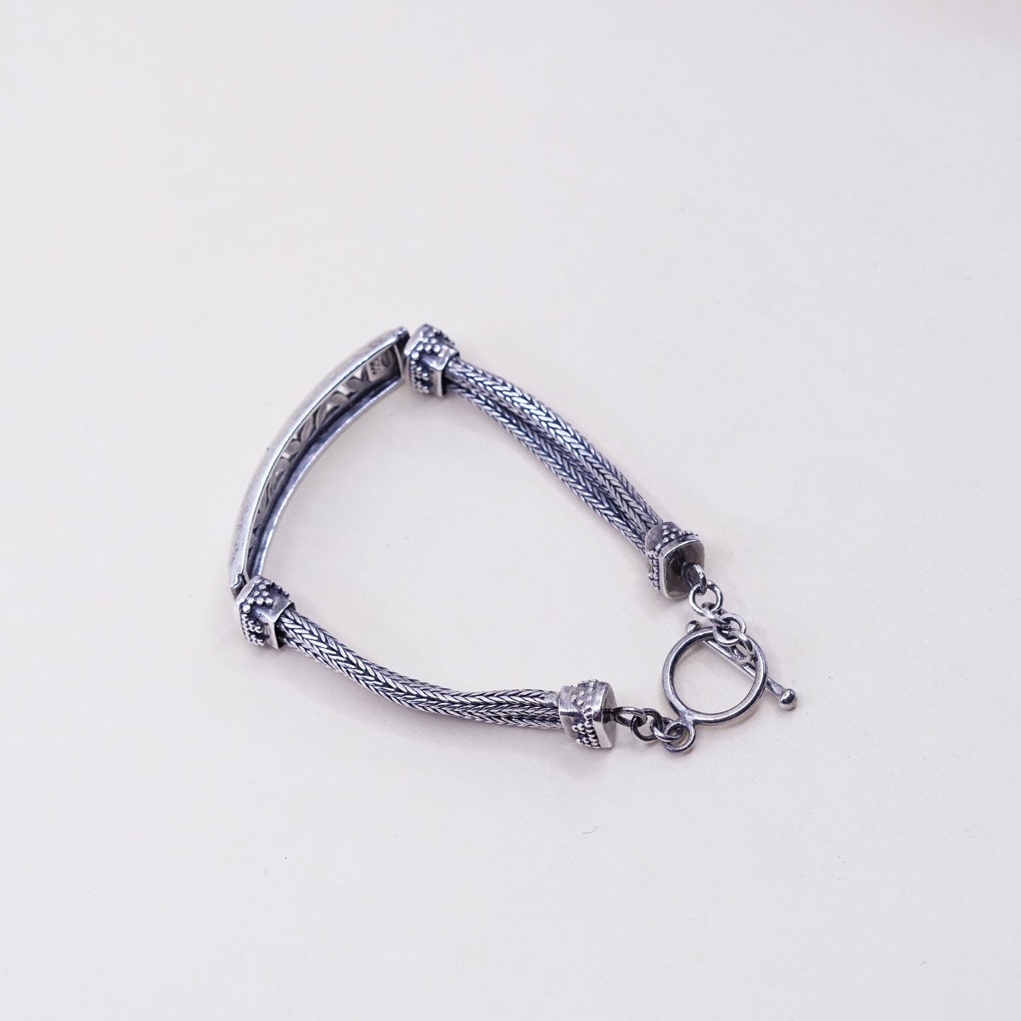 6.5”, vtg sterling silver handmade bracelet, 925 wheat chain with bar N leaves