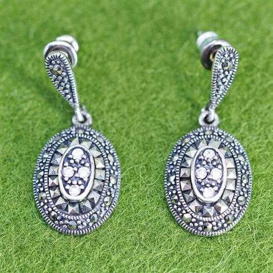 Vintage Sterling 925 silver handmade oval earrings with Marcasite and cz