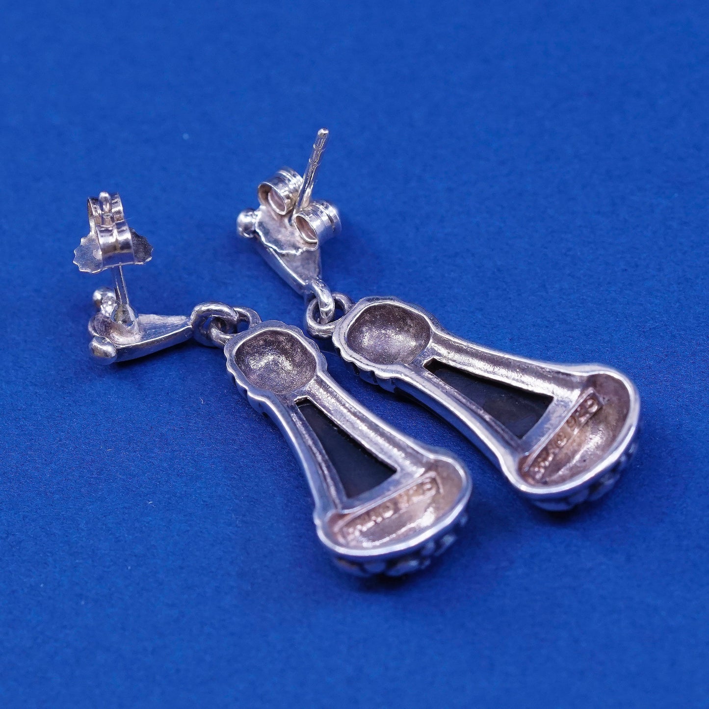 vtg )sterling silver handmade earrings, 925 w/ teardrop obsidian N Filigree