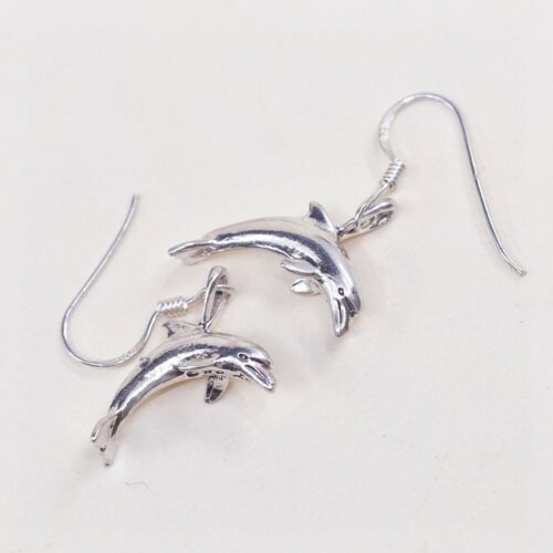 Vintage Sterling 925 Silver Handmade Dolphin Fish dangle earrings, Stamped 925